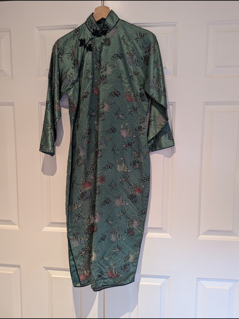 Vintage Handmade Green Floral Brocade Cheongsam QiPao Midi Dress Eclectic OOAK